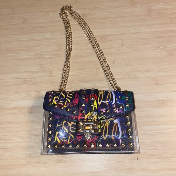 Artisan Handbags - Jelly Grafitti Quilted Twist Lock Purse Bag Studded Multicolor Crossbody Chain